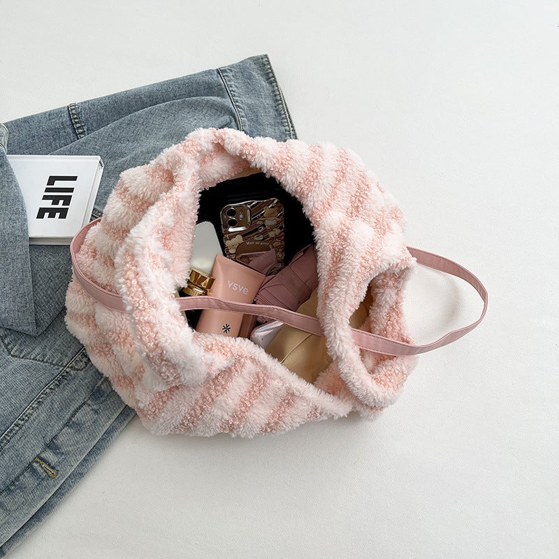 Simple Striped Plush Tote Bag Women'S Large Capacity Fashionable Mao Mao Handbag Niche Shoulder Bag - Image 5