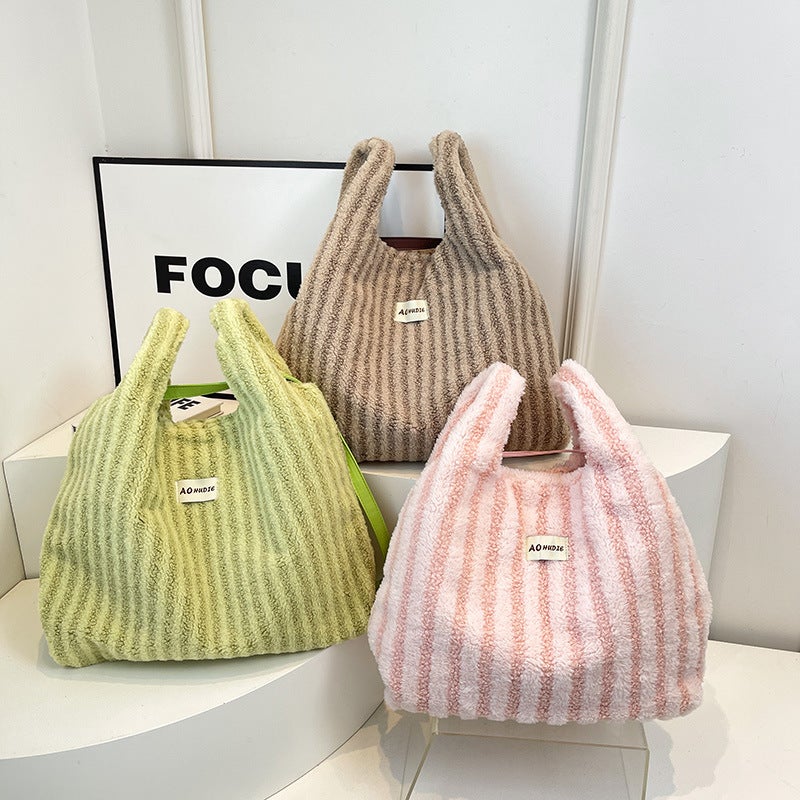 Simple Striped Plush Tote Bag Women'S Large Capacity Fashionable Mao Mao Handbag Niche Shoulder Bag - Image 4