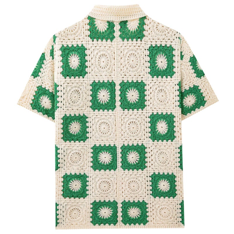 Men's Crochet Checkered Openwork Polo Shirt Apricot - Image 3