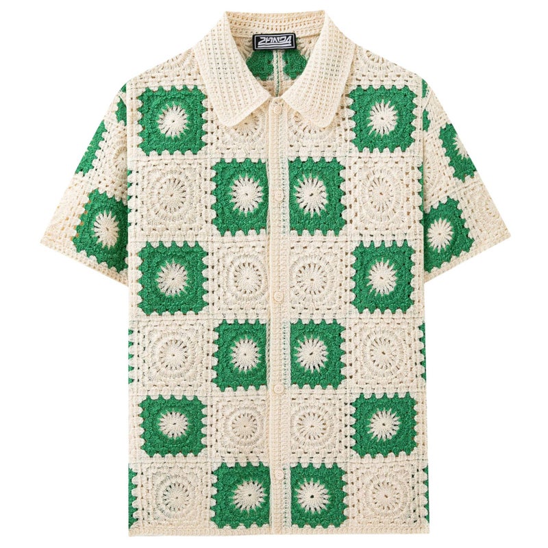Men's Crochet Checkered Openwork Polo Shirt Apricot - Image 2