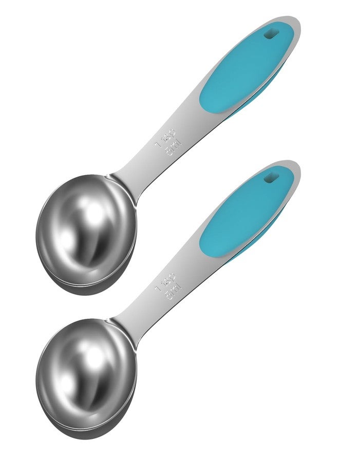 LEIFENY 2PCS 1 Tsp(1/3tbsp, 1/6oz, 5ml) Single Measuring Spoon with Blue Silicone Grip, Stainless Steel Individual Measure Scoop Only - Image 1