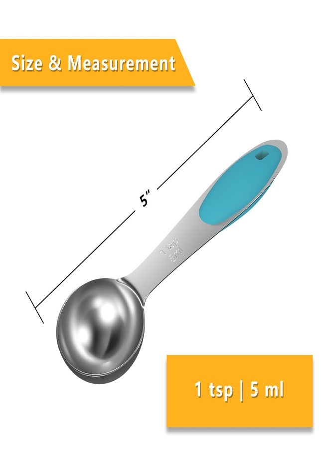 LEIFENY 2PCS 1 Tsp(1/3tbsp, 1/6oz, 5ml) Single Measuring Spoon with Blue Silicone Grip, Stainless Steel Individual Measure Scoop Only - Image 2