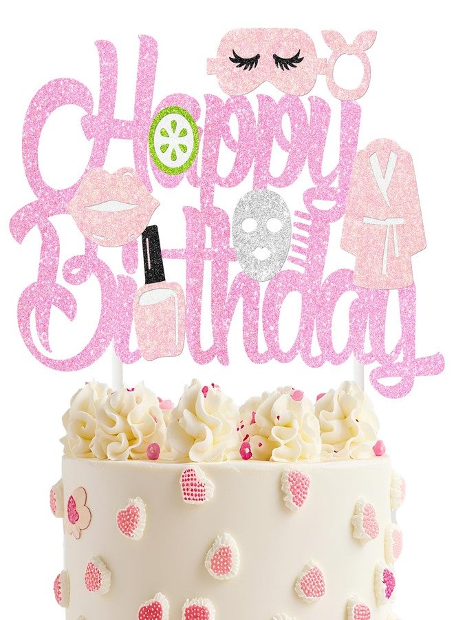 umoni Spa Birthday Cake Decoration Spa Themed Cake Topper Makeup Party Decorations Glitter Pink Spa Day Mask Cake Picks for Makeover Slumber Sleepover Birthday Party Supplies - Image 2
