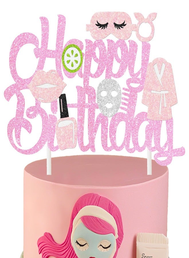 umoni Spa Birthday Cake Decoration Spa Themed Cake Topper Makeup Party Decorations Glitter Pink Spa Day Mask Cake Picks for Makeover Slumber Sleepover Birthday Party Supplies - Image 1