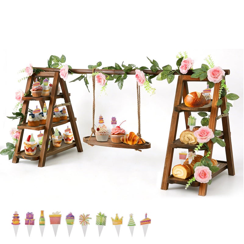 Yimerlen Wooden Cupcake Stand, 3 Tier Dessert Display Serving Tray with Swing and Flower Decoration, Foldable Tiered Ladders Stand for Party, Birthday, Wedding, Baby Shower, Table Food Display for Fruit Bread - Image 1