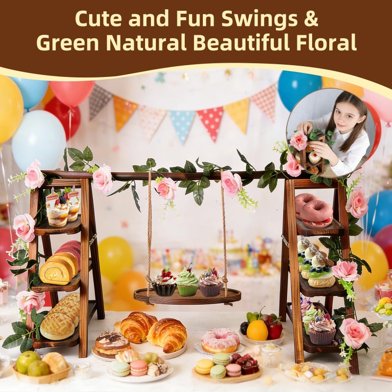 Yimerlen Wooden Cupcake Stand, 3 Tier Dessert Display Serving Tray with Swing and Flower Decoration, Foldable Tiered Ladders Stand for Party, Birthday, Wedding, Baby Shower, Table Food Display for Fruit Bread - Image 5