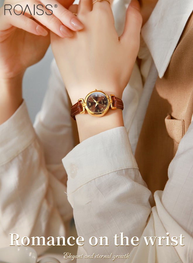 رويس ساعة كوارتز نسائية بحزام من الجلد، شاشة عرض تناظرية، قرص بني دائري مع نافذة للتقويم، ساعة يد مقاومة للماء ومضيئة بتصميم كلاسيكي، هدية للسيدات - Image 2