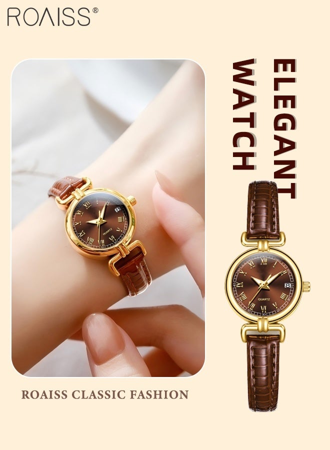 رويس ساعة كوارتز نسائية بحزام من الجلد، شاشة عرض تناظرية، قرص بني دائري مع نافذة للتقويم، ساعة يد مقاومة للماء ومضيئة بتصميم كلاسيكي، هدية للسيدات - Image 1