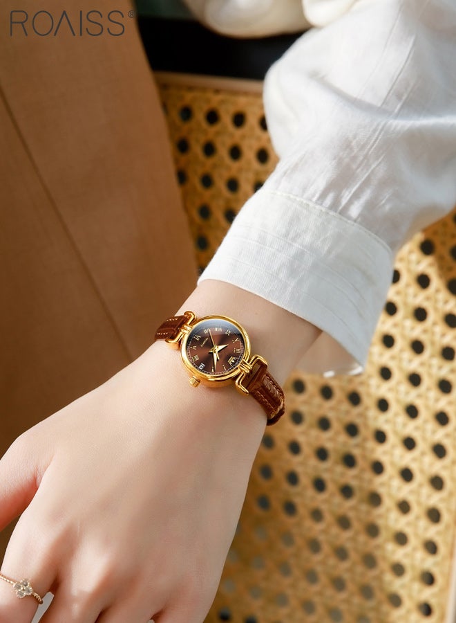رويس ساعة كوارتز نسائية بحزام من الجلد، شاشة عرض تناظرية، قرص بني دائري مع نافذة للتقويم، ساعة يد مقاومة للماء ومضيئة بتصميم كلاسيكي، هدية للسيدات - Image 5