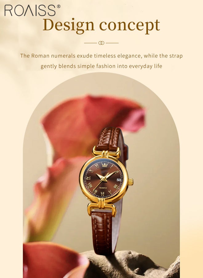 رويس ساعة كوارتز نسائية بحزام من الجلد، شاشة عرض تناظرية، قرص بني دائري مع نافذة للتقويم، ساعة يد مقاومة للماء ومضيئة بتصميم كلاسيكي، هدية للسيدات - Image 3