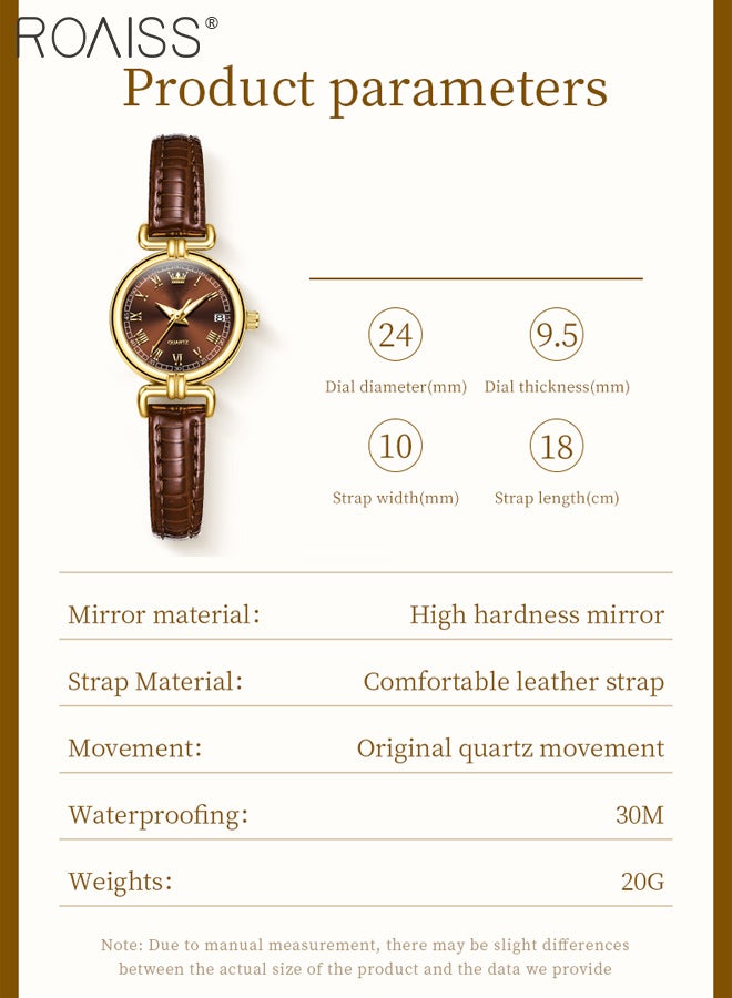 رويس ساعة كوارتز نسائية بحزام من الجلد، شاشة عرض تناظرية، قرص بني دائري مع نافذة للتقويم، ساعة يد مقاومة للماء ومضيئة بتصميم كلاسيكي، هدية للسيدات - Image 4