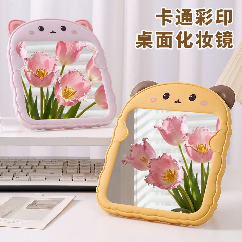 Cartoon Bear Ears Simple Makeup Mirror Student Foldableing Edge Desktop Makeup Mirror Desktop Portable Color Printed Princess Mirror - Image 2