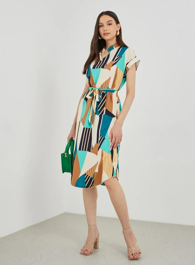 Take Two Take Two Graphic Print Short Sleeve Belted Knee Length Dress