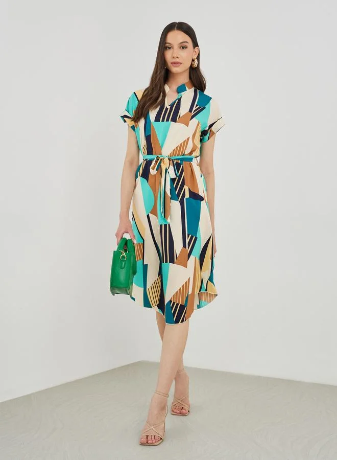 Take Two Take Two Graphic Print Short Sleeve Belted Knee Length Dress
