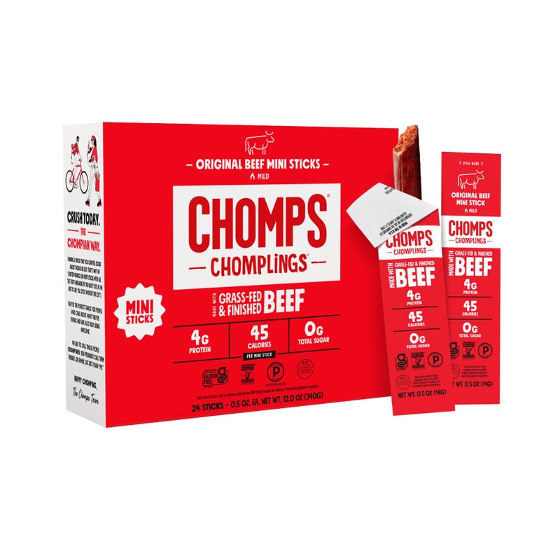 CHOMPS عصي لحم البقر المجفف الأصلية من تشومبس بحجم الوجبات الخفيفة 0.5 أونصة 24 عبوة - كيتو، باليو، Whole30، 4 جرام بروتين لحم خالي، خالي من الجلوتين، طعام بدون سكر، غير معدّل وراثيًا - Image 1