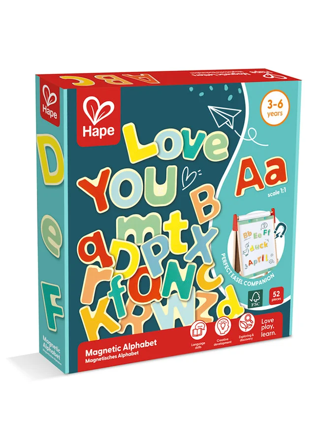 هيب Hape Wooden Magnetic Alphabet - 52pcs | Upper & Lowercase Letters for Early Literacy | Fine Motor Skill & Reading Confidence Builder | Durable Educational Toy