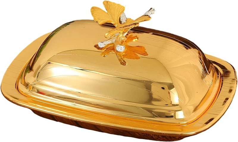 Gold Metal Butter Dish with Lid, Butterfly Decor, European Style Covered Butter Holder, 7.4 X 5.4 in Rectangular Iron Alloy Butter Keeper, Fruit Tray Snack Serving Container - Image 1
