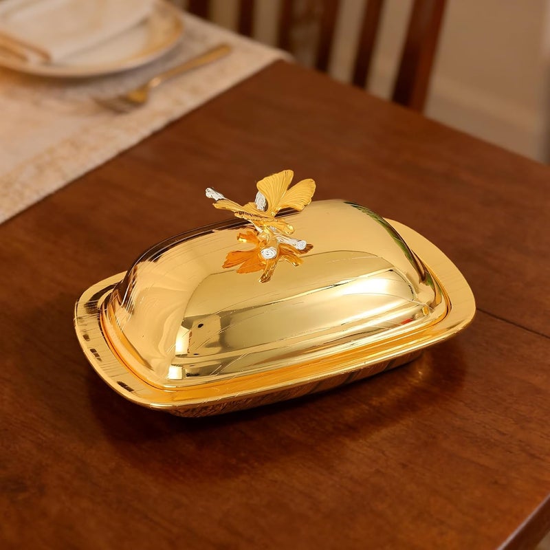 Gold Metal Butter Dish with Lid, Butterfly Decor, European Style Covered Butter Holder, 7.4 X 5.4 in Rectangular Iron Alloy Butter Keeper, Fruit Tray Snack Serving Container - Image 4