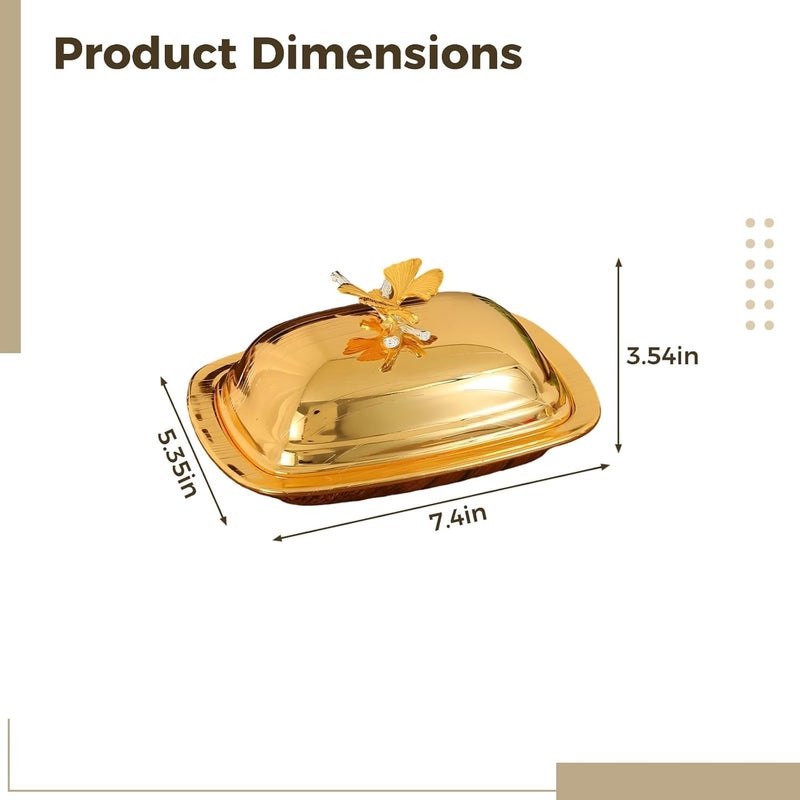 Gold Metal Butter Dish with Lid, Butterfly Decor, European Style Covered Butter Holder, 7.4 X 5.4 in Rectangular Iron Alloy Butter Keeper, Fruit Tray Snack Serving Container - Image 2