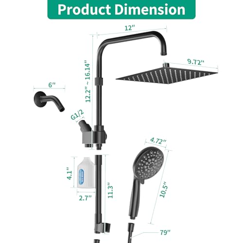 HEROBAI 10" Filtered Rain Shower Head with Handheld Spray Combo, High Pressure Shower Head and Handle Set with Filter, Dual Shower Head with Extra Long Hose and Adjustable Extension Arm (Black) - Image 5