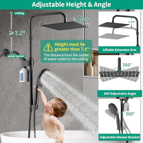 HEROBAI 10" Filtered Rain Shower Head with Handheld Spray Combo, High Pressure Shower Head and Handle Set with Filter, Dual Shower Head with Extra Long Hose and Adjustable Extension Arm (Black) - Image 2
