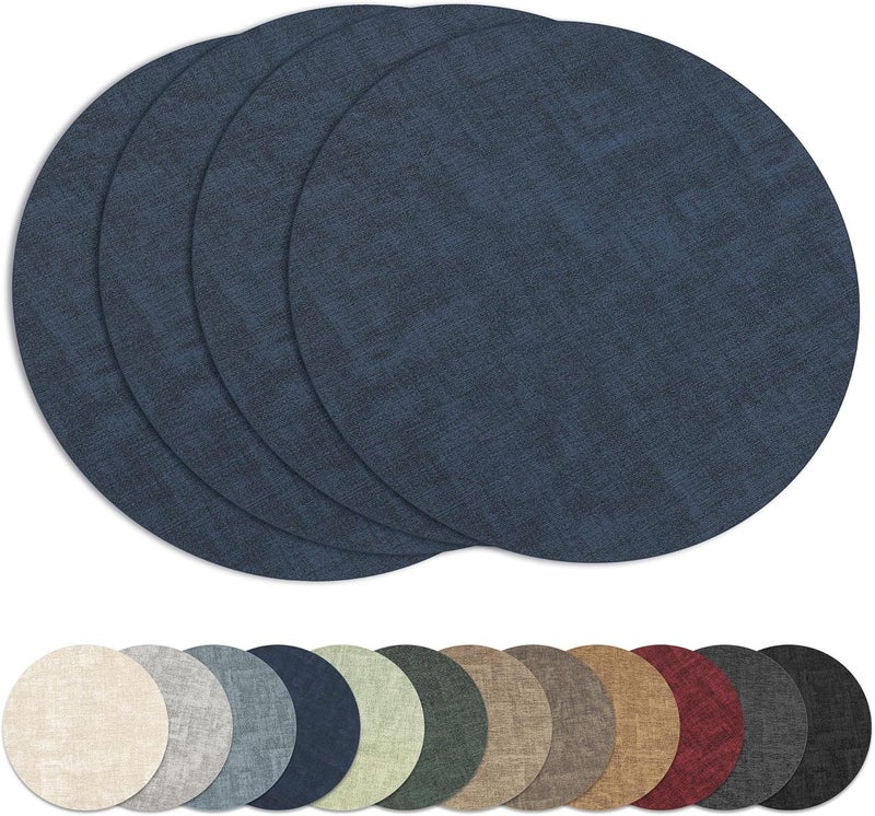 NCUE 13" Round Placemats Set of 6, Reversible Faux Leather Heat Resistant Table Mats, 100% Waterproof Oilproof Wipeable Table Protective Placemats for Vinyl, Washable for Indoor (4, Navy Blue) - Image 1