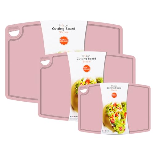 Liflicon Silicone Thick Cutting Boards Mats Set of 3 Foldable & Flexible Design Juice Grooves Easy Grip Handle Dishwasher Safe for Kitchen,BPA free Silicone Cutting Board-Soft Pink - Image 1