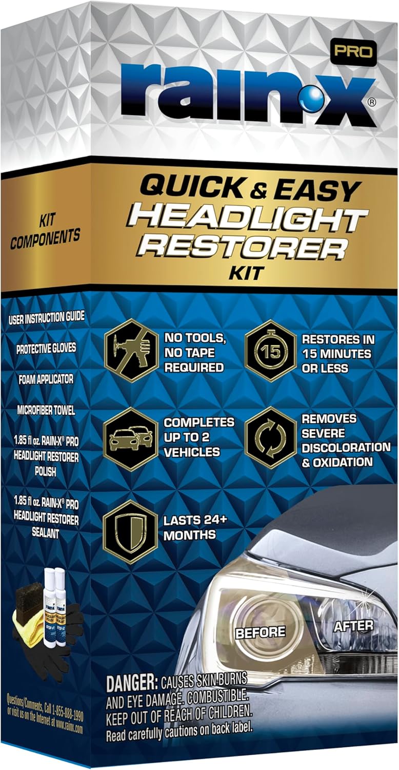 Rainx 610200 2-Step Headlight Restorer Kit, Restores Clarity of Headlights Preventing Oxidation & Discoloration, Quick & Effective in Just 15 Mins with No Tools or Tape Required - Image 1