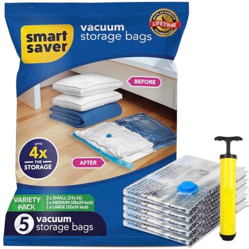 Smart Saver Vacuum Bags for Travel, Space Saver Bags 5 Pack (1 Large 2 Medium 2 Small) Compression Storage Bags for Clothes, Sealer Bags, Vaccine Sealed Airtight Packing Ziplock Bag with Hand Pump - Image 1