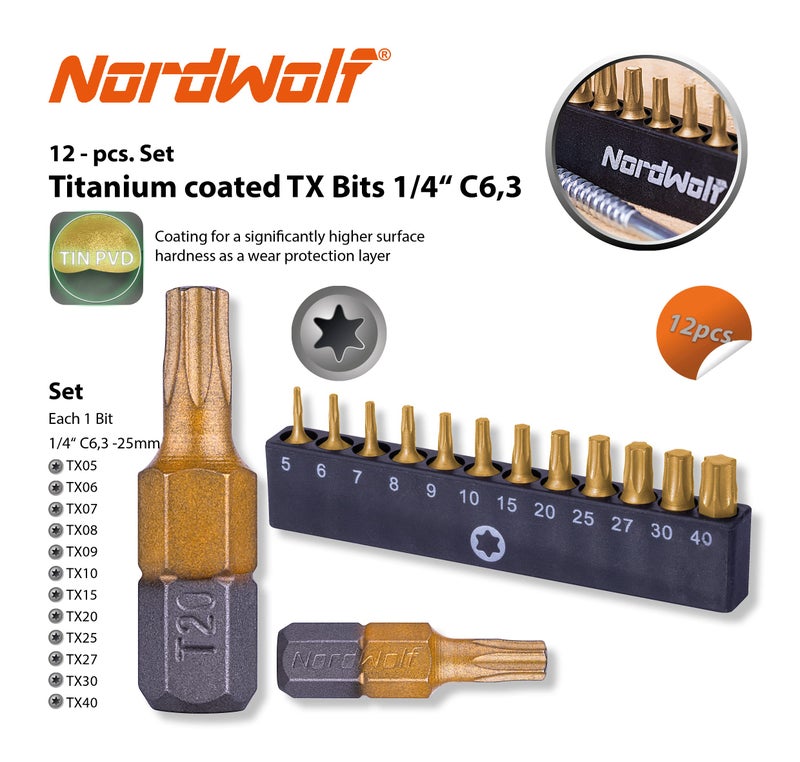 NordWolf 12-Piece Torx Bit Set, S2 Alloy Steel & Titanium Nitride Coated Screwdriver Star Bits, Sizes T5 to T40