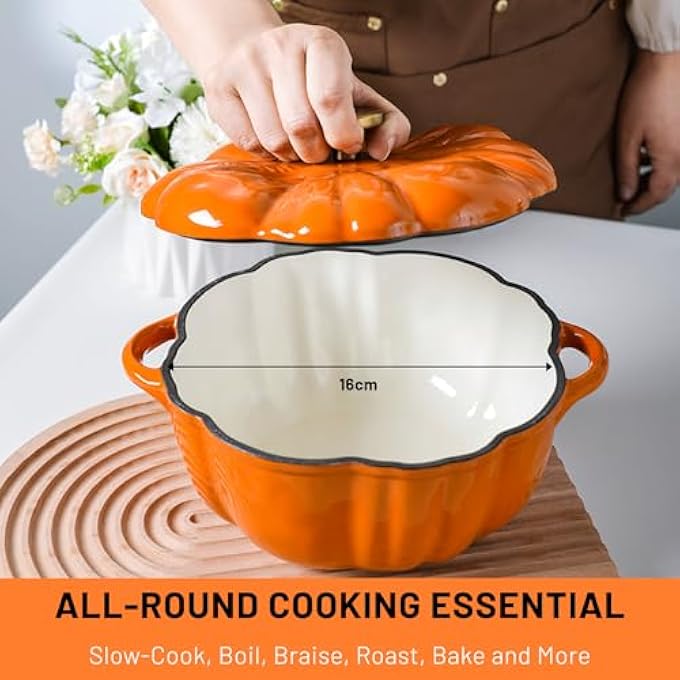 rayihni Stockpot With Lid Enameled Cast Iron Dutch Oven 15L Pot With Lid Two Handles 16Cm HeavyDuty Cookware For Braising Stews Roasting Bread Baking Orange Pumpkin - Image 3