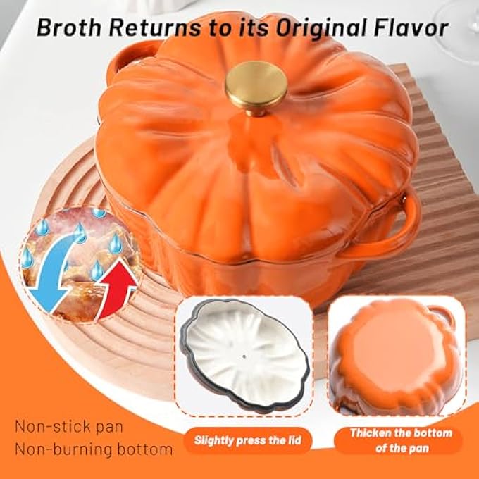 rayihni Stockpot With Lid Enameled Cast Iron Dutch Oven 15L Pot With Lid Two Handles 16Cm HeavyDuty Cookware For Braising Stews Roasting Bread Baking Orange Pumpkin - Image 2