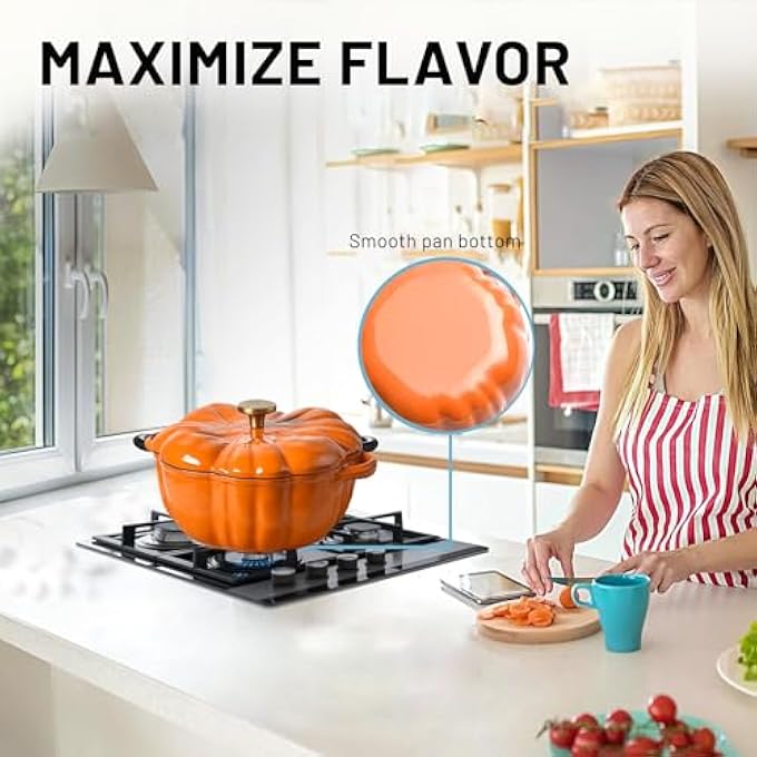 rayihni Stockpot With Lid Enameled Cast Iron Dutch Oven 15L Pot With Lid Two Handles 16Cm HeavyDuty Cookware For Braising Stews Roasting Bread Baking Orange Pumpkin - Image 5