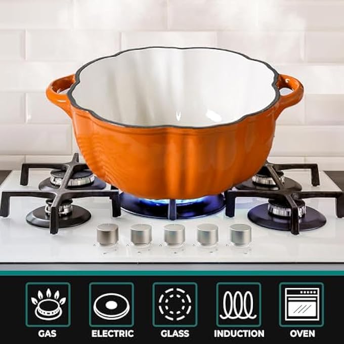 rayihni Stockpot With Lid Enameled Cast Iron Dutch Oven 15L Pot With Lid Two Handles 16Cm HeavyDuty Cookware For Braising Stews Roasting Bread Baking Orange Pumpkin - Image 4
