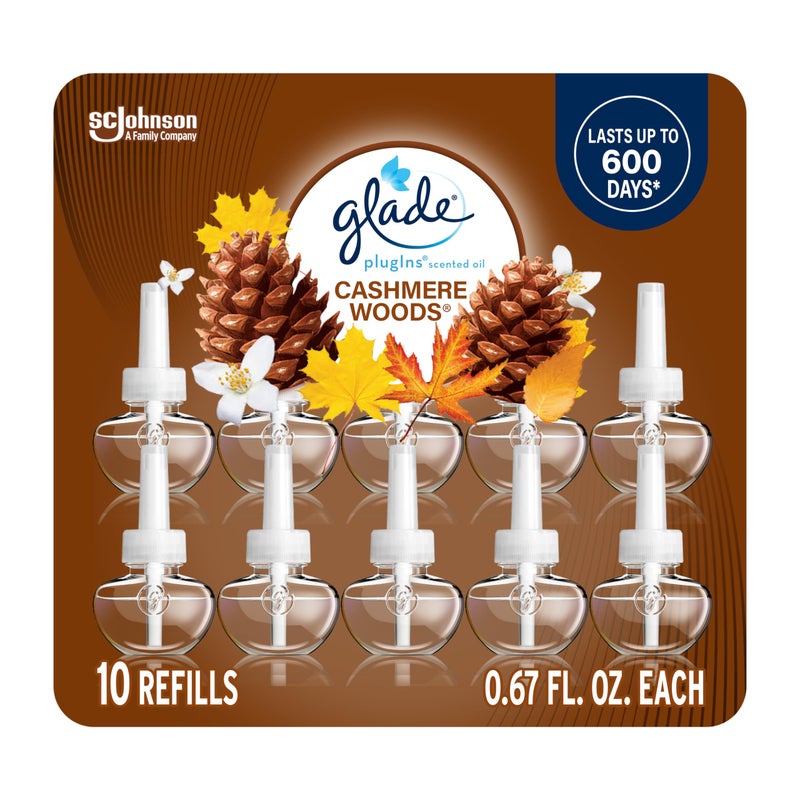Glade PlugIns Refills Air Freshener Scented and Essential Oils for Home and Bathroom Cashmere Woods 67 Fl Oz 10 Count Packaging May Vary