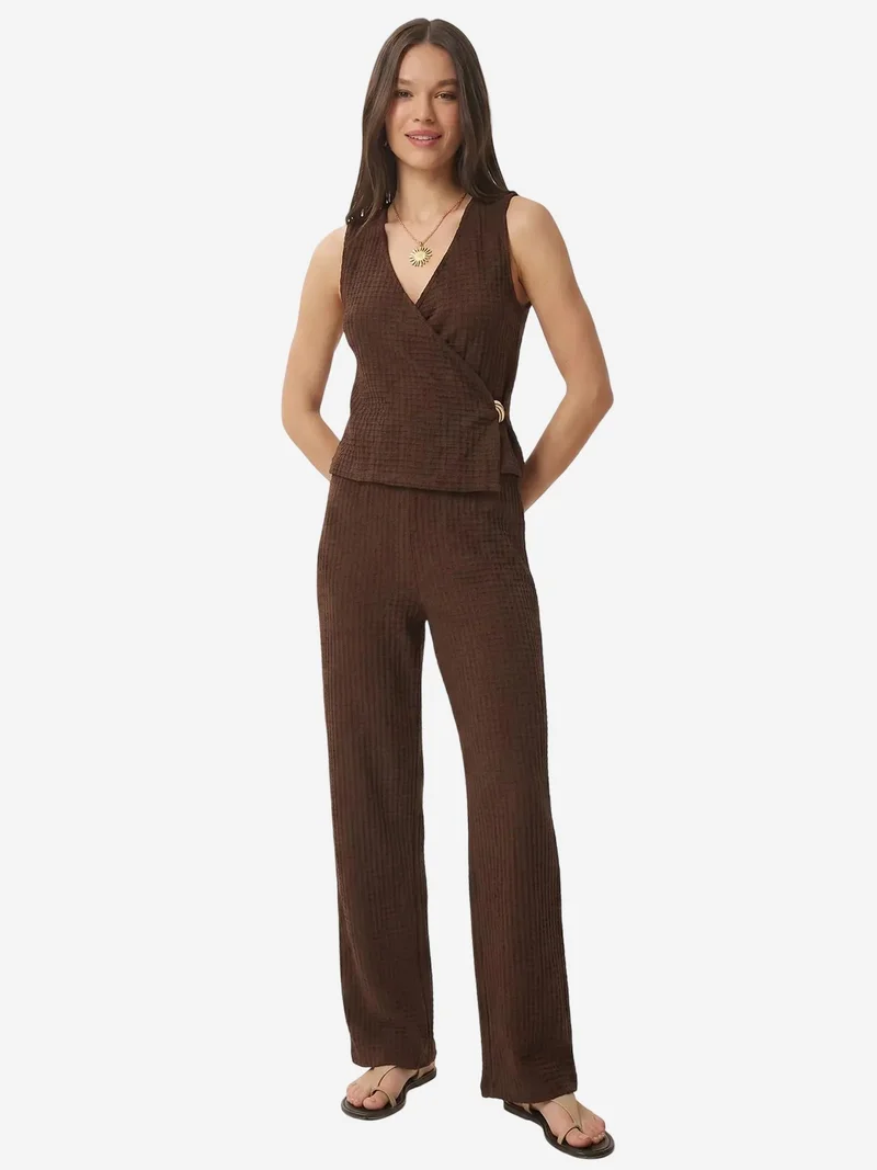 Happiness İstanbul ISTANBUL Textured V-Neck High Waist Co-Ord Set with Wide Leg Pants