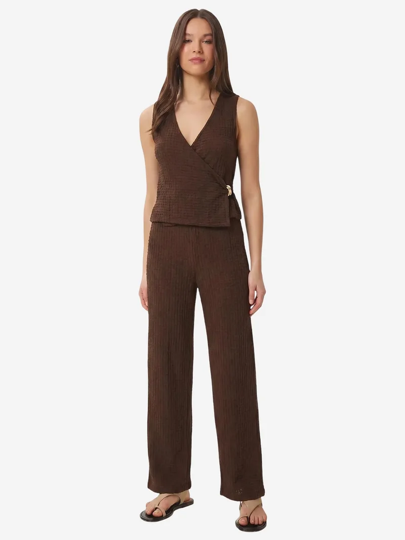 Happiness İstanbul ISTANBUL Textured V-Neck High Waist Co-Ord Set with Wide Leg Pants