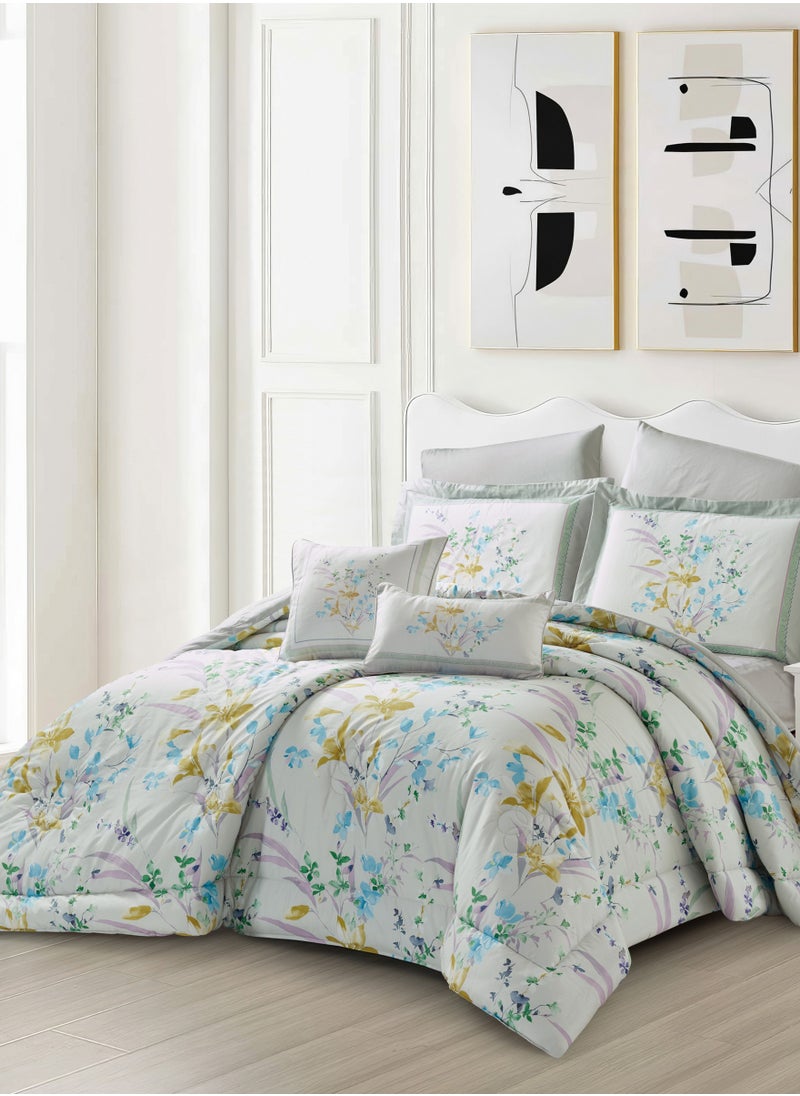 Donetella Cotton Comforter Set 8-Pcs King Size All Season Reversible Floral Printed Bed Fits(200 X 200 Cm) With 350 GSM Down ALternative Filling,Pale Slate  - Image 1