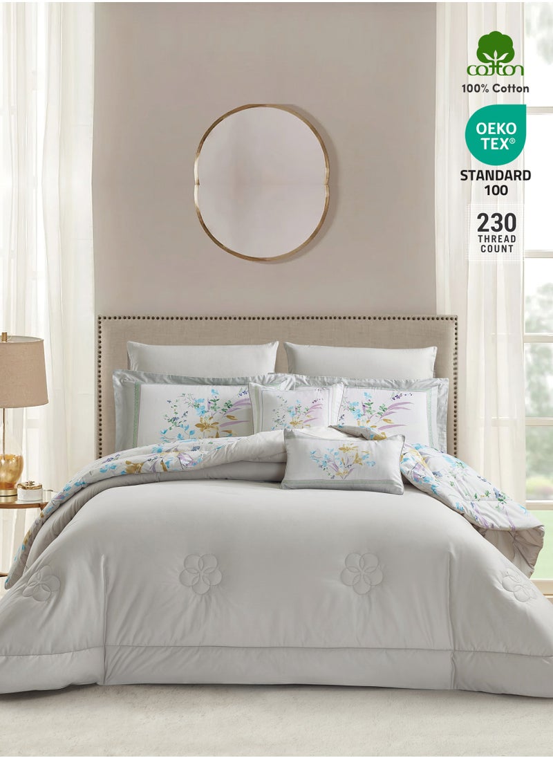 Donetella Cotton Comforter Set 8-Pcs King Size All Season Reversible Floral Printed Bed Fits(200 X 200 Cm) With 350 GSM Down ALternative Filling,Pale Slate  - Image 2