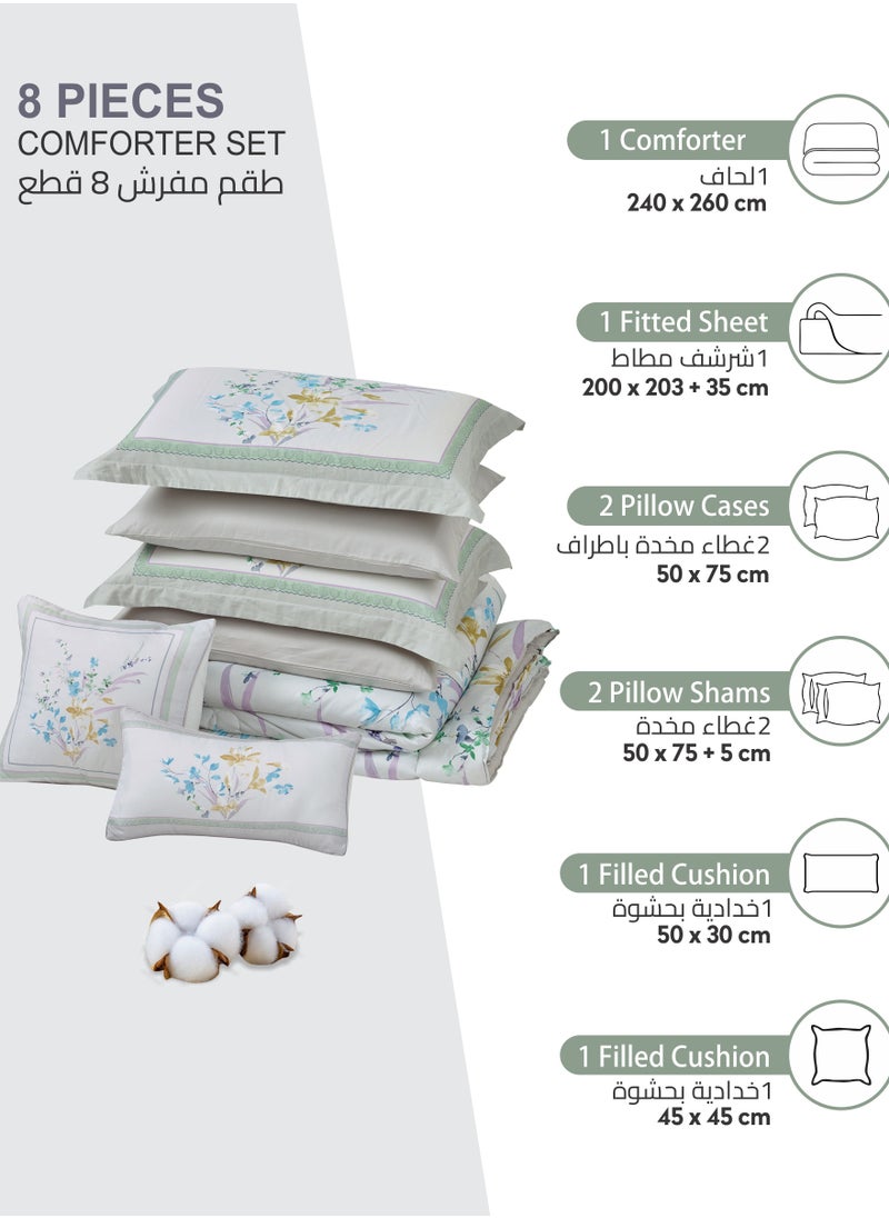 Donetella Cotton Comforter Set 8-Pcs King Size All Season Reversible Floral Printed Bed Fits(200 X 200 Cm) With 350 GSM Down ALternative Filling,Pale Slate  - Image 4