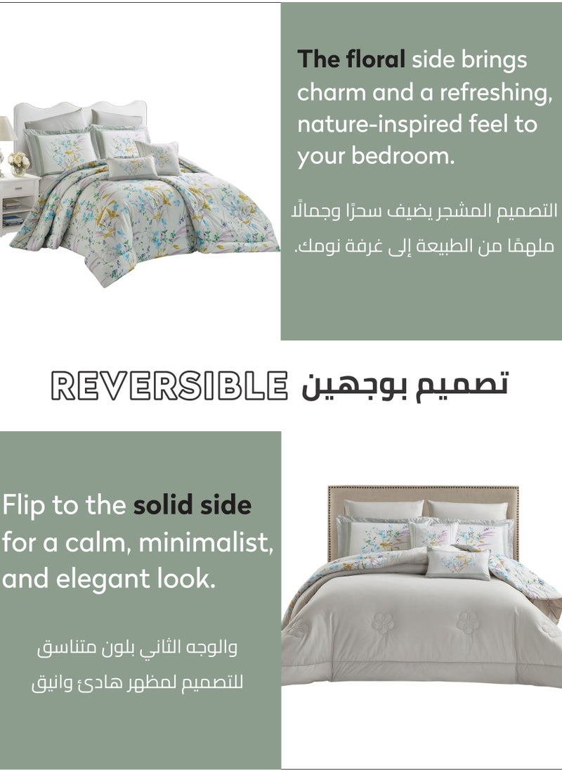 Donetella Cotton Comforter Set 8-Pcs King Size All Season Reversible Floral Printed Bed Fits(200 X 200 Cm) With 350 GSM Down ALternative Filling,Pale Slate  - Image 5