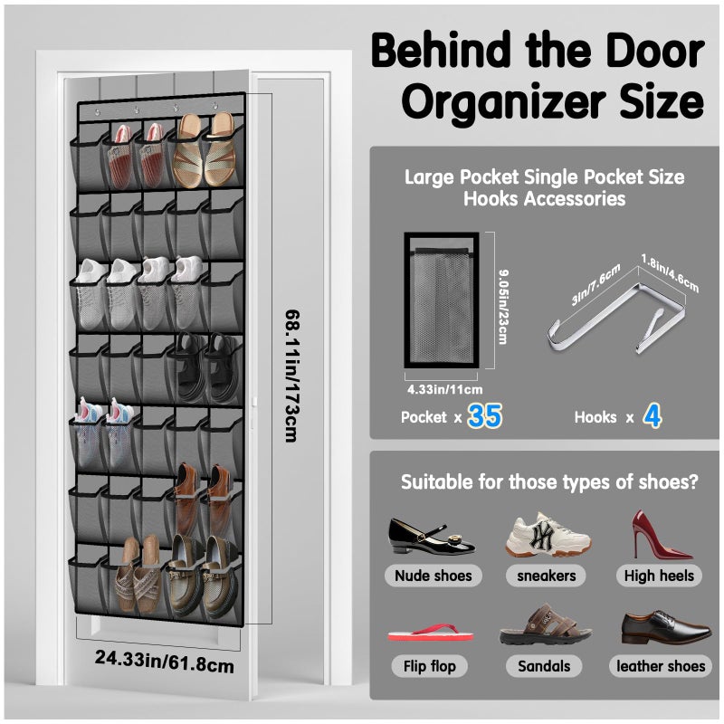 Kotkn 35 Compartment Over The Door Storage - Breathable Mesh Hanging Organizer with Large Pockets, Space Saving Design for Men & Women's Footwear, Closet, Bedroom (Gray) - Image 3