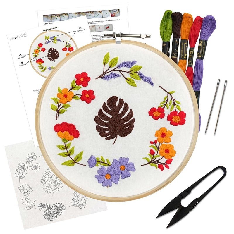 picknMAKE DIY Cross Stitch Hand Embroidery Kit for Beginners Adult, Kids with Pattern & Cloth, Multicolor Floral Design, Written Instructions, Embroidery Hoop & All Other Materials Included - Image 1