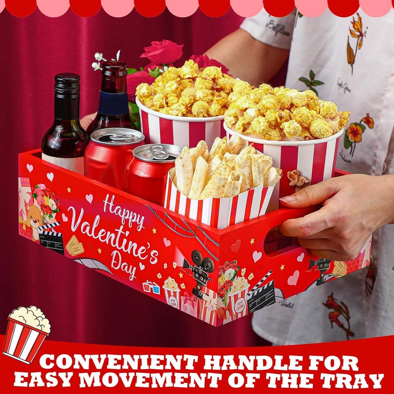 GlikCeil Movie Night Supplies Snack Trays with Handles Reusable Wooden Movie Gift Basket for Theater Popcorn Bucket Bowl Box Container Family Room Christmas Decor(Valentine Style) - Image 3