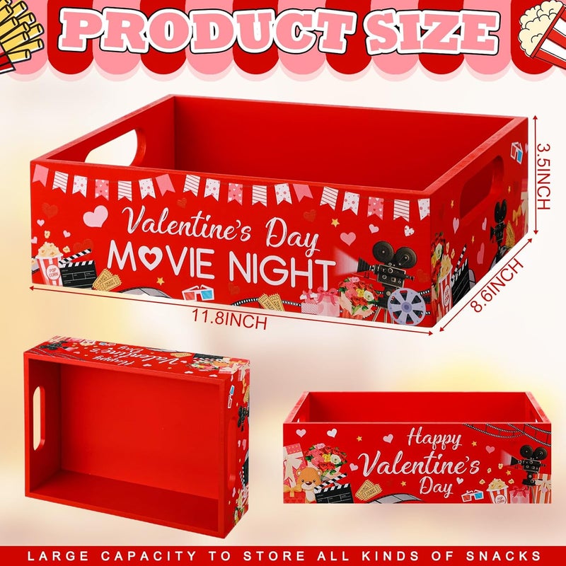 GlikCeil Movie Night Supplies Snack Trays with Handles Reusable Wooden Movie Gift Basket for Theater Popcorn Bucket Bowl Box Container Family Room Christmas Decor(Valentine Style) - Image 2