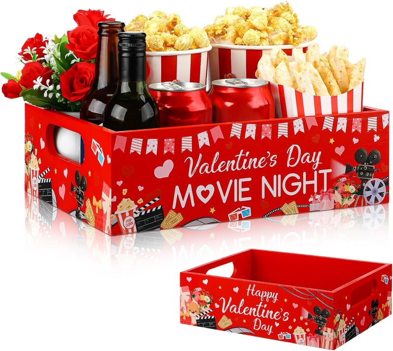 GlikCeil Movie Night Supplies Snack Trays with Handles Reusable Wooden Movie Gift Basket for Theater Popcorn Bucket Bowl Box Container Family Room Christmas Decor(Valentine Style) - Image 1