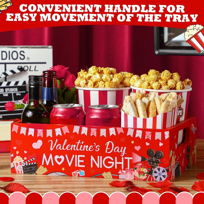 GlikCeil Movie Night Supplies Snack Trays with Handles Reusable Wooden Movie Gift Basket for Theater Popcorn Bucket Bowl Box Container Family Room Christmas Decor(Valentine Style) - Image 5