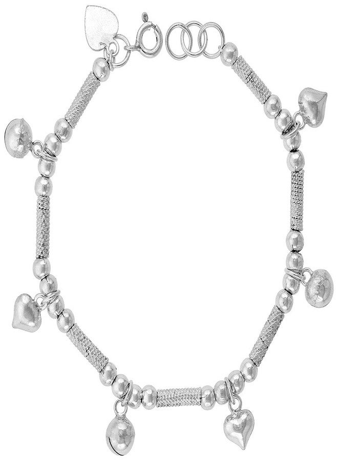 سابرينا سيلفر سوار من الفضة الإسترلينية مزين بقلوب منتفخة متدلية وأجراس صغيرة للنساء، طوله 13 مم، يناسب معصماً بمقاس 7-8 بوصة. - Image 1