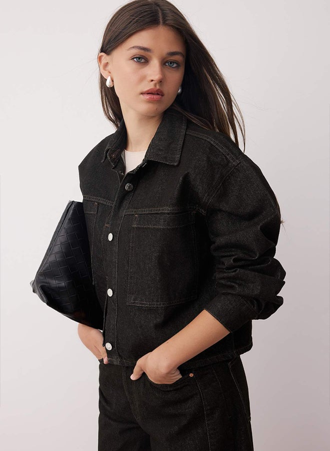 trendyol Black Pocket Detailed Shirt Collar Regular Denim Jacket - Image 2