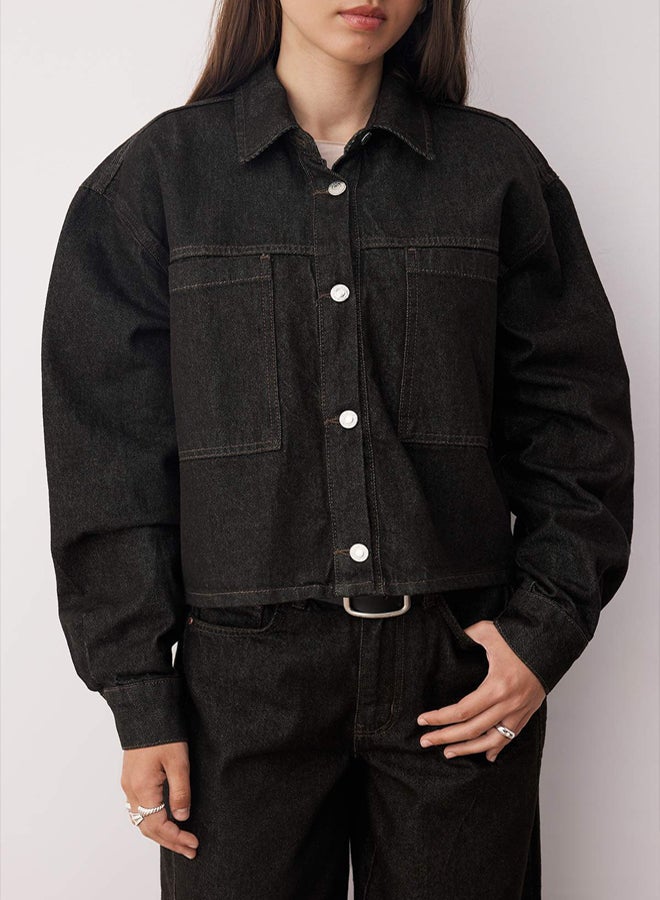 trendyol Black Pocket Detailed Shirt Collar Regular Denim Jacket - Image 3